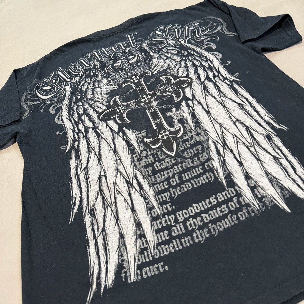 VTG Y2K Mens Cross Angel Wing Skate Emo Bible T-Shirt Black Double AOP-M-6753 - Picture 2 of 8